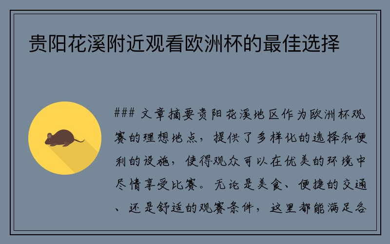 贵阳花溪附近观看欧洲杯的最佳选择